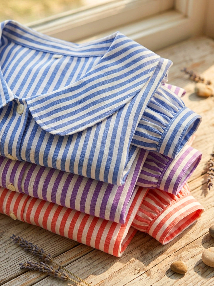 Women's Striped Blouse Peter Pan Collar Button Up 3/4 Sleeve Casual Shirt - Seldom Seen Styles