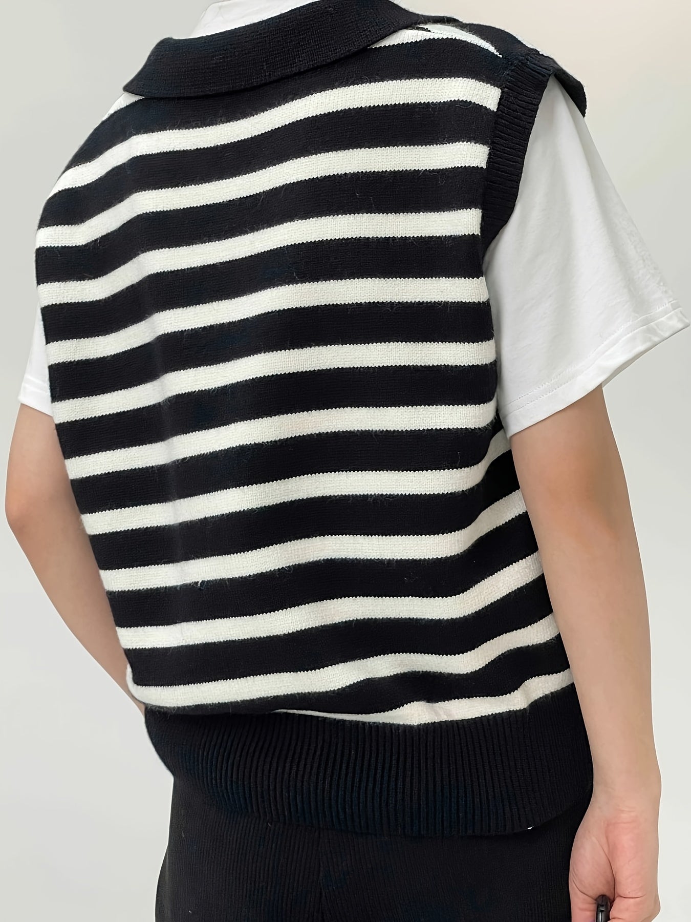 Women's Casual Striped Knit Vest with Lapel Collar - 100% Polyester Sleeveless Sweater for All Seasons