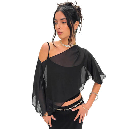 Women's Solid Color Sheer Mesh Crop Top ＆ Cami Top, Fashion Casual Camisole for Daily Outdoor Wear, Ladies Clothes for Summer