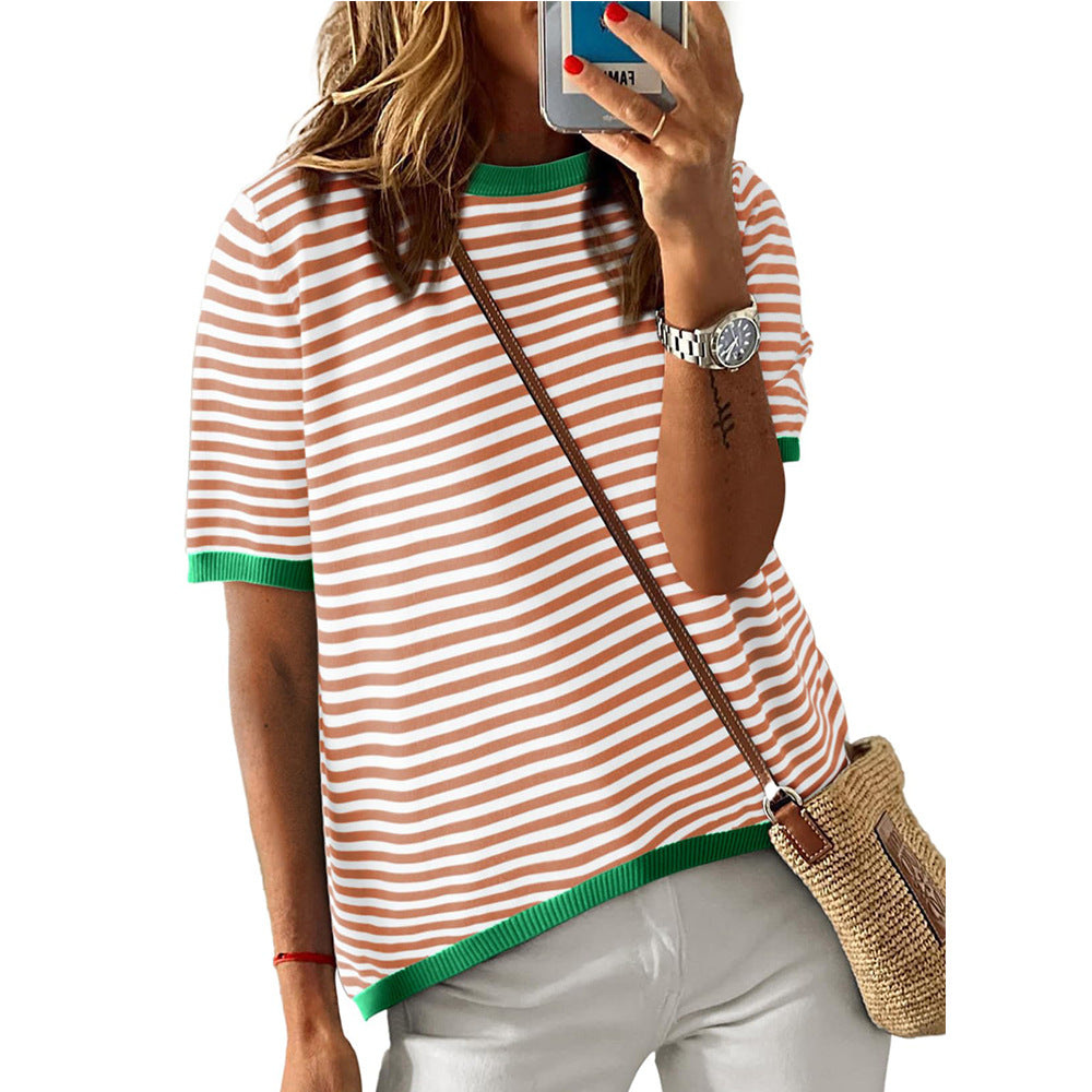 Womens Tops Casual Summer Crewneck Short Sleeve Striped Color Block Knit High Low Trendy Pullover Sweaters - Seldom Seen Styles