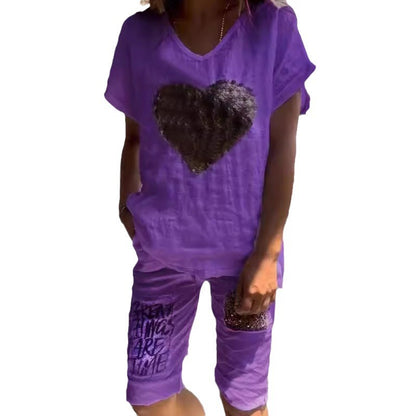 Linen Outfits Women 2 Piece Heart Sequins V-Neck Short Sleeve Top Loose Knee Length Pants 2025 Casual Set