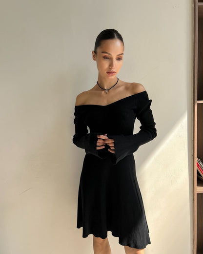 off-Shoulder Dress Woolen Skirt Sexy Knitted Dress Long Sleeve Short Dress Thickened A- line Europe and America Cross Border Autumn and Winter Skirt