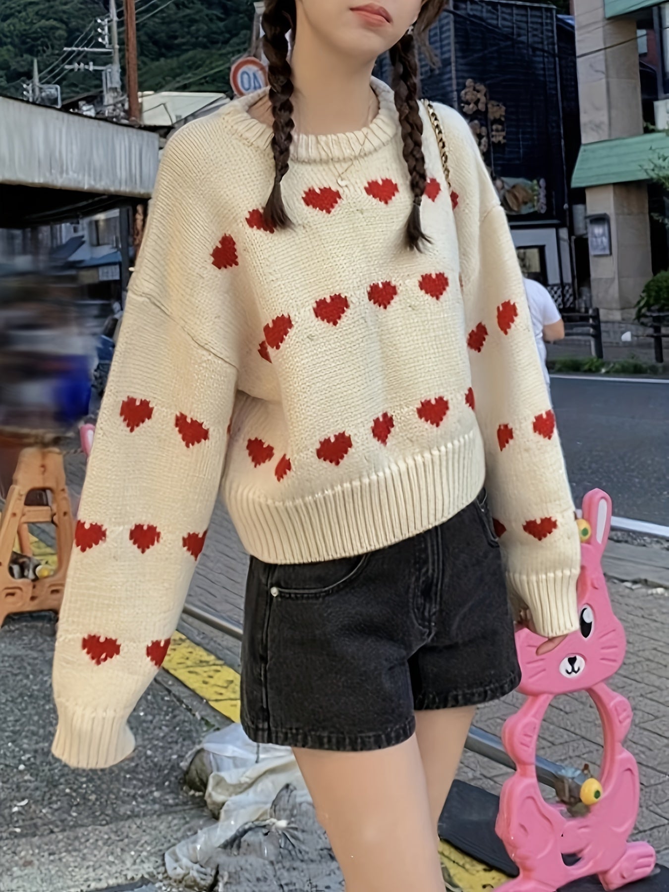 Heart Pattern Crew Neck Pullover Sweater, Valentine's Day Long Sleeve Drop Shoulder Sweater, Women's Clothing