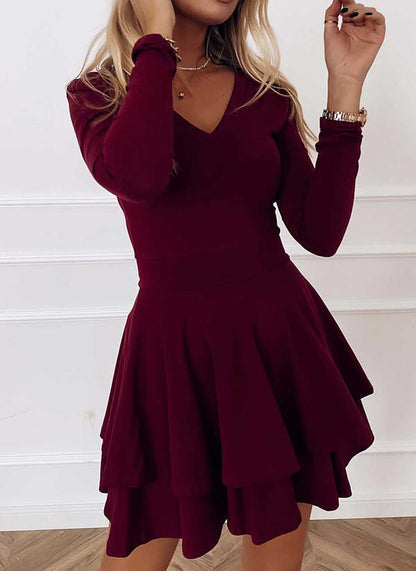 Patchwork Hem Women's Long Sleeve Dress Autumn New Solid Color Street Hipster Mid Waist Pullover