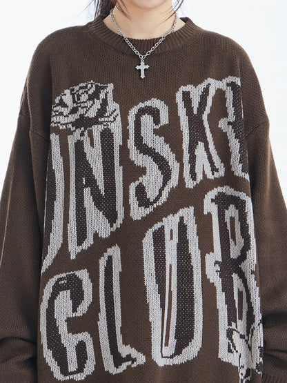 UNS Club Rose Gothic Letter Jacquard Oversized Crew Neck Sweater Streetwear Y2K Knit Pullover