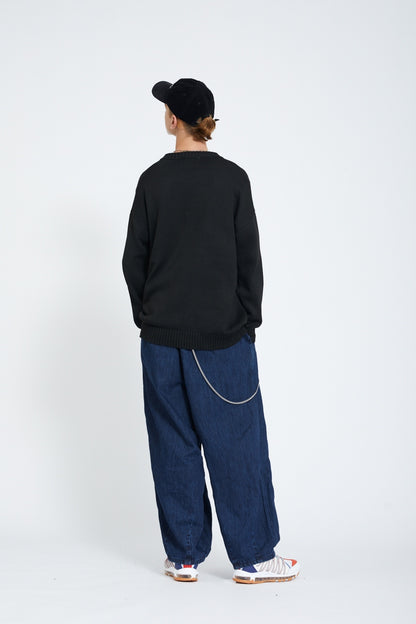 Pleated Wide Leg Denim Jogger Pants Elastic Waist Chain Detail Balloon Fit Streetwear Y2K Jeans