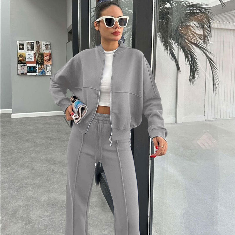 Women's Solid Zip Up Crop Jacket & Drawstring Waist Pants Two-piece Set, Casual Fashion Drop Shoulder Long Sleeve Top & High Waist Trousers Womenswear Suits for Outdoor Wear, Women's Clothing for Spring & Fall 90s Clothes