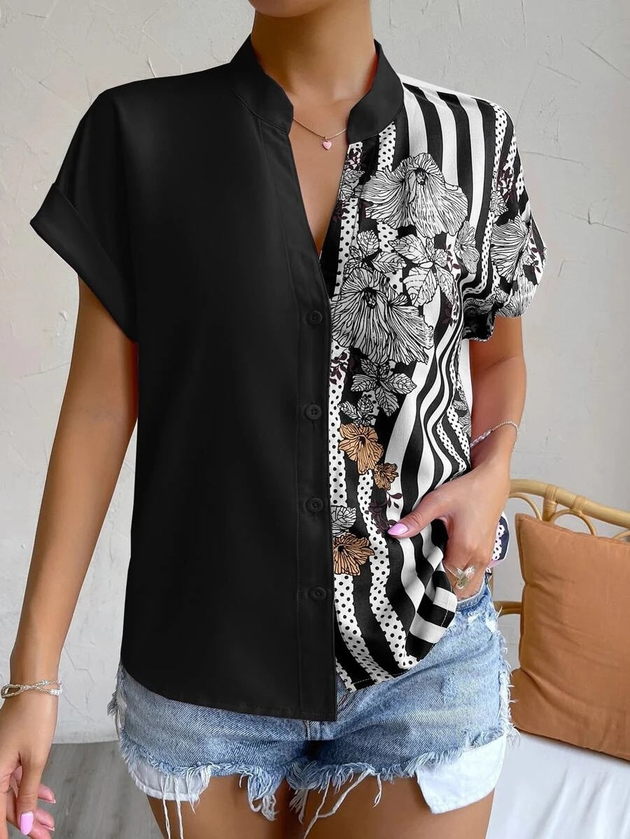 Women's summer new style double-color contrasting flower button cardigan short-sleeved shirt for women