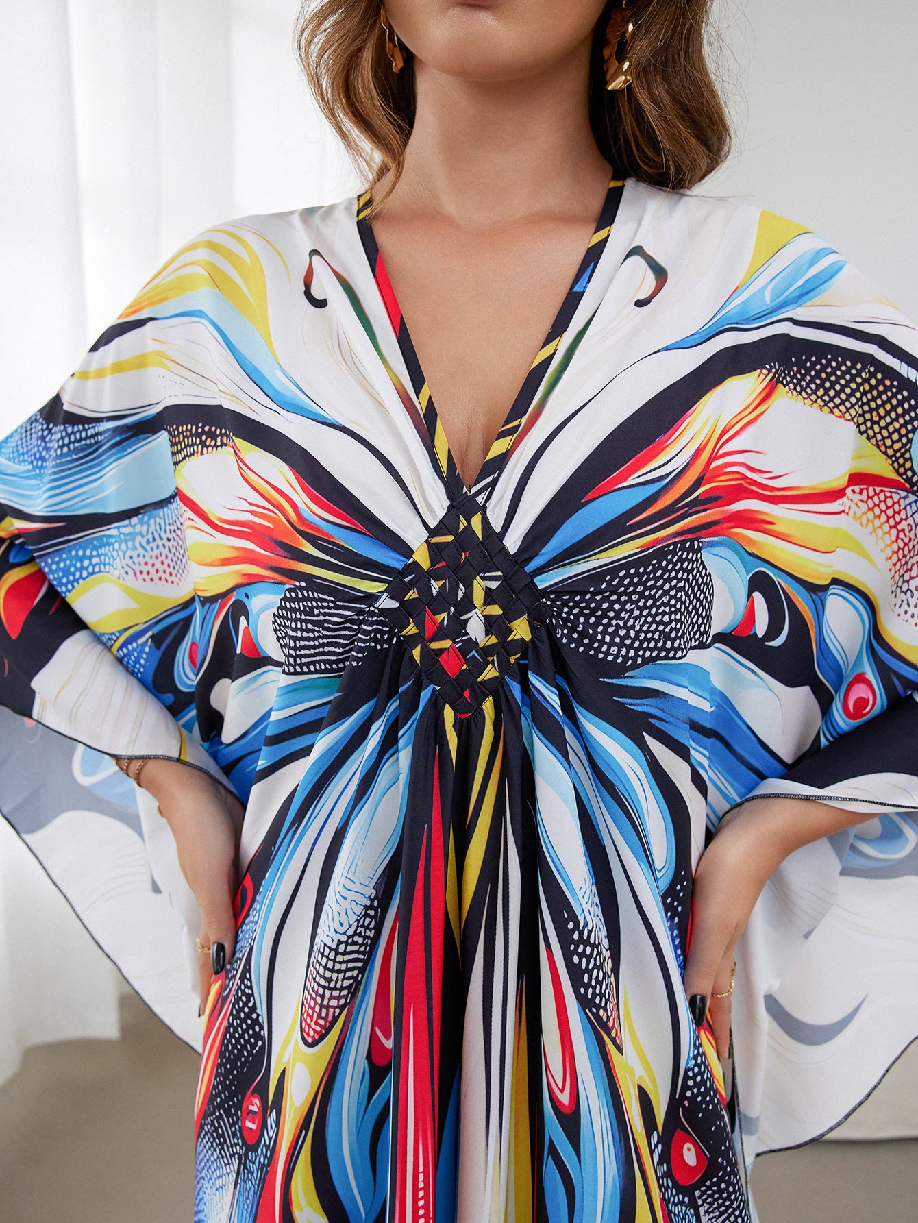 [Plus Size] Butterfly/feather Print Ruched Split Hem Tunic Dress, Valentine's Day Elegant Batwing Sleeve V Neck Long Dress for Summer, Casual Womenswear, Gift, Homecoming Dresses, Women's Clothes for Beach Holiday Vacation, Moo Moo Dresses