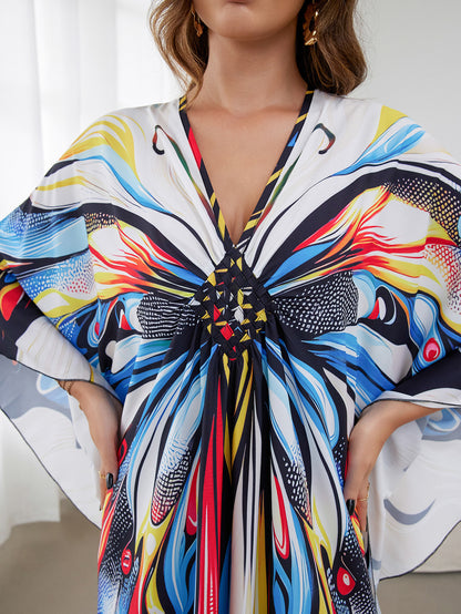 [Plus Size] Butterfly/feather Print Ruched Split Hem Tunic Dress, Valentine's Day Elegant Batwing Sleeve V Neck Long Dress for Summer, Casual Womenswear, Gift, Homecoming Dresses, Women's Clothes for Beach Holiday Vacation, Moo Moo Dresses