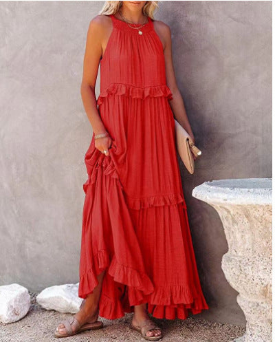 Women's Tiered Ruffle Maxi Dress with Pockets Smocked Halter Neckline Flowy Boho Summer Casual Long Dress
