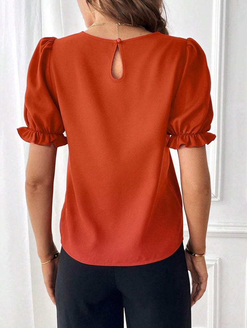 2024 summer new style fashionable temperament pure color round collar shirt top