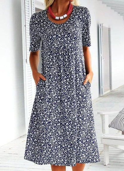 Summer round neck short sleeve flower sleeve midi dress (8 colors with pockets)