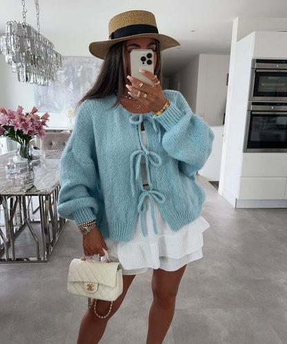 round Neck Tied Knitted Cardigan Jacket Autumn  Winter New Solid Color Commute Simple Sweater Women