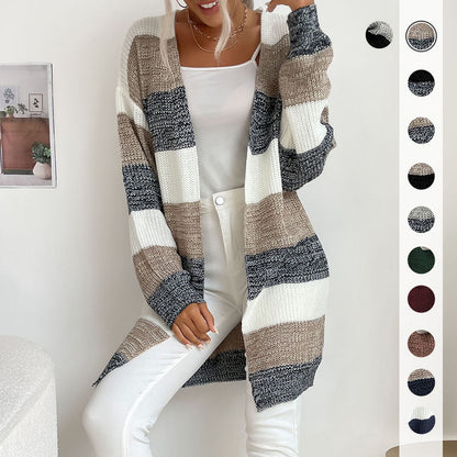 Women's Clothing Long Non-Button Colorblock Sweater Coat  Autumn Winter Hot Products