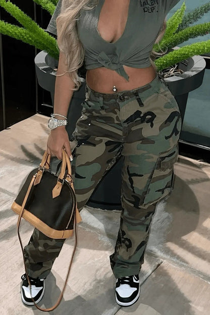 Damen Cargohose in Übergröße, Camouflage, hohe Taille, schmale Passform, Camouflage-Jogginghose, Jogginghose mit Taschen
