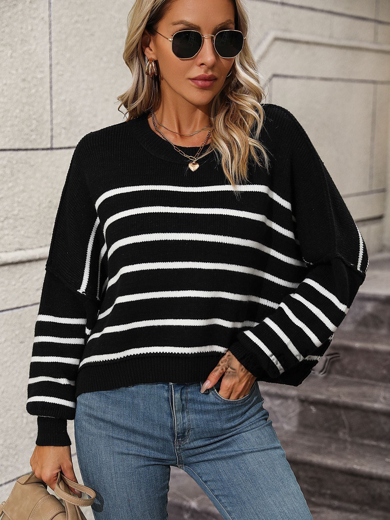 2023Autumn and Winter New Europe and America Cross Border Amazon round Neck Women's Knitwear Foreign Trade Loose Pullover Stripe Sweater Women