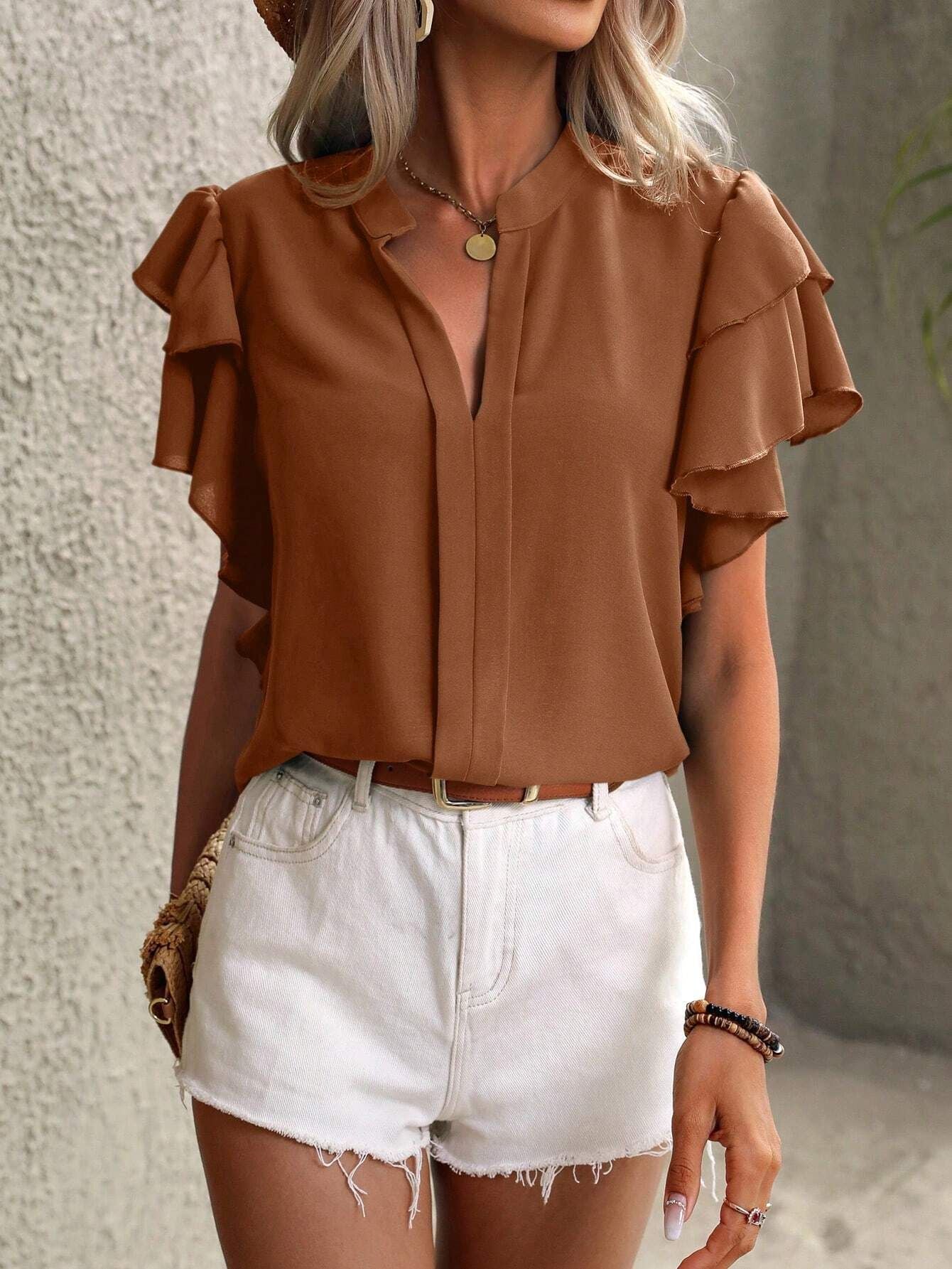 Summer New V-neck casual double-layer lotus leaf sleeves pure color shirt top