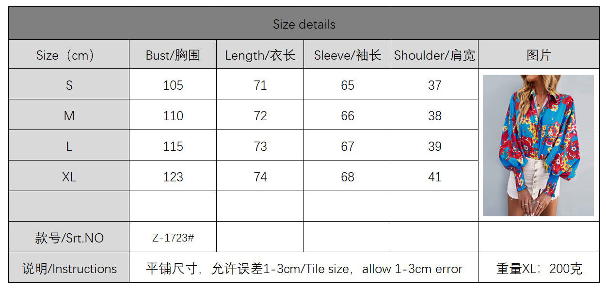 European and american hot2024eBay Amazon Spring Long-Sleeved Versatile Top Fashion Lantern Sleeve Women's Printed Wear Shirt