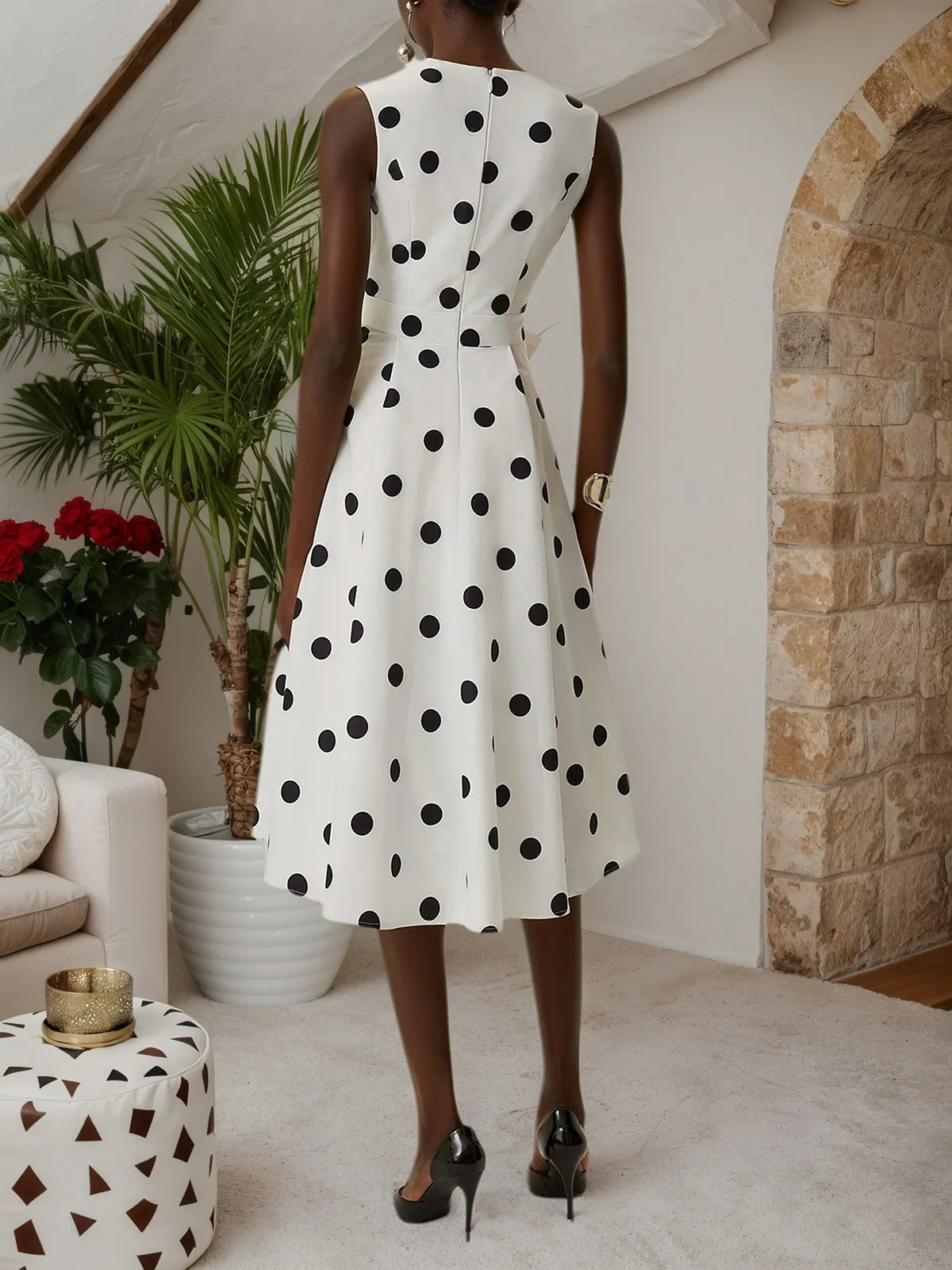 White Bow Classic V Neck Sleeveless A-Line Midi Dress - Seldom Seen Styles