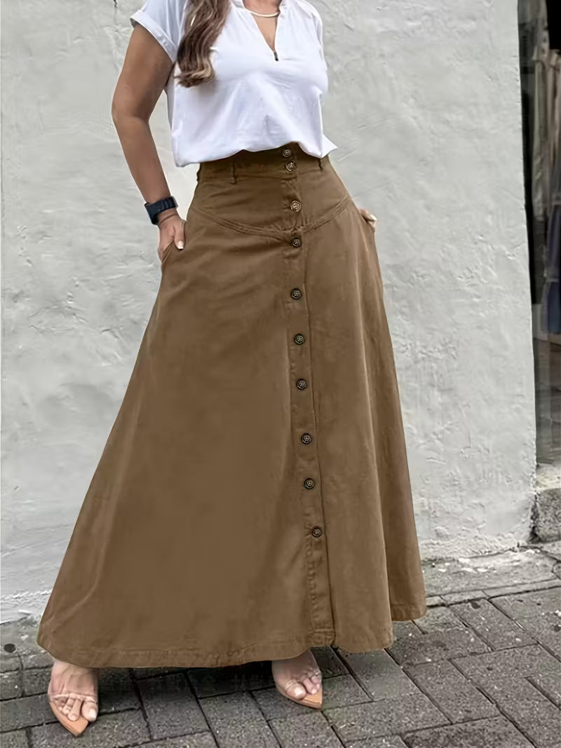 Women's A-Line Cotton Skirt Elastic Waist Casual Midi Skirt Patch Pocket Summer Everyday Outfit - Seldom Seen Styles