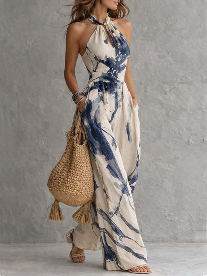 Women's Halter Neck Ink Wash Print Wide Leg Jumpsuit High Waist Side Pockets Artistic Summer Casual Vacation Outfit