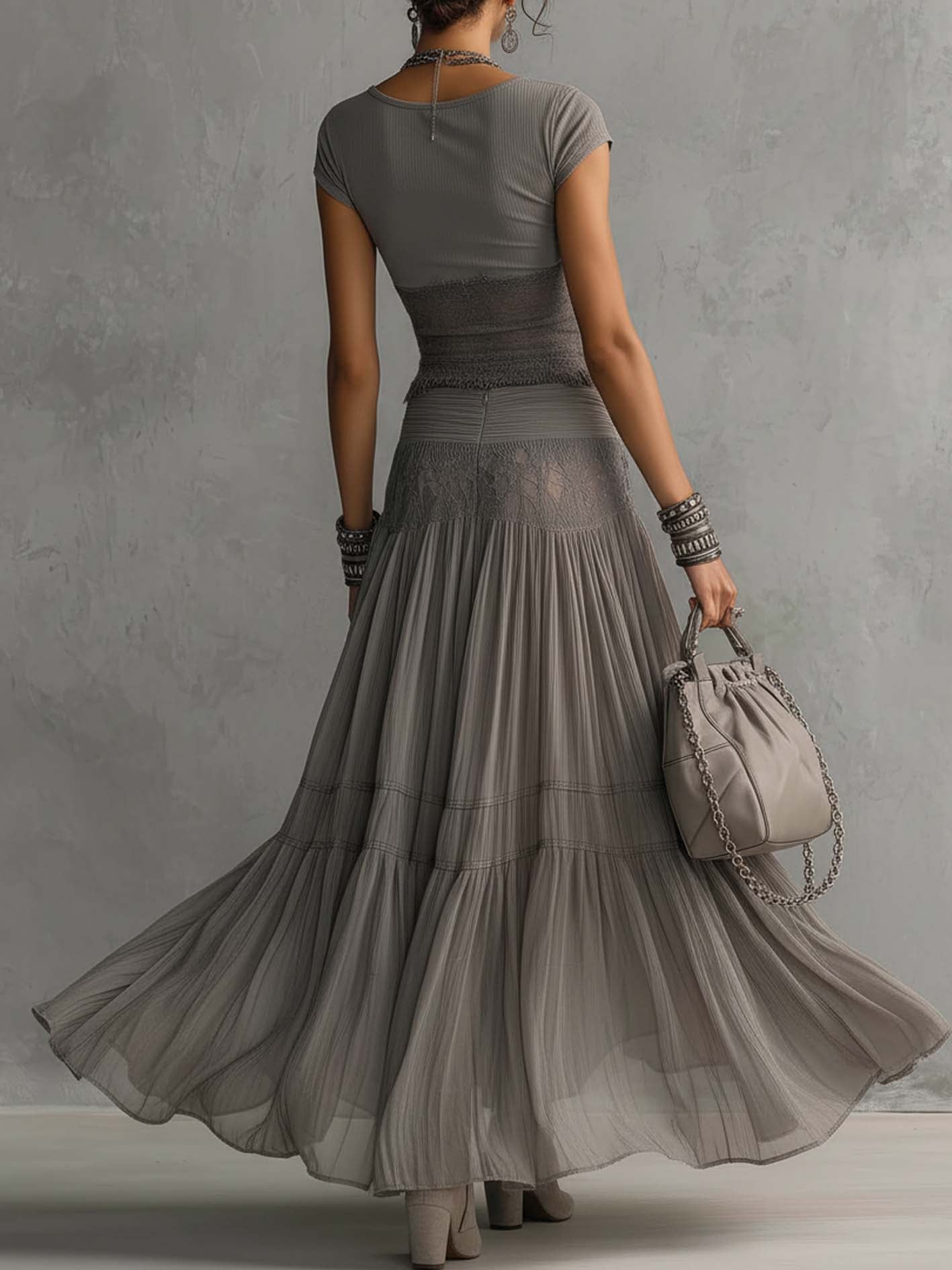 Women's Sheer Lace Panel Chiffon Top Pleated Maxi Skirt Set Bohemian Elegant Summer Evening Party Wedding Guest Two Piece Outfit