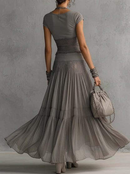 Women's Sheer Lace Panel Chiffon Top Pleated Maxi Skirt Set Bohemian Elegant Summer Evening Party Wedding Guest Two Piece Outfit