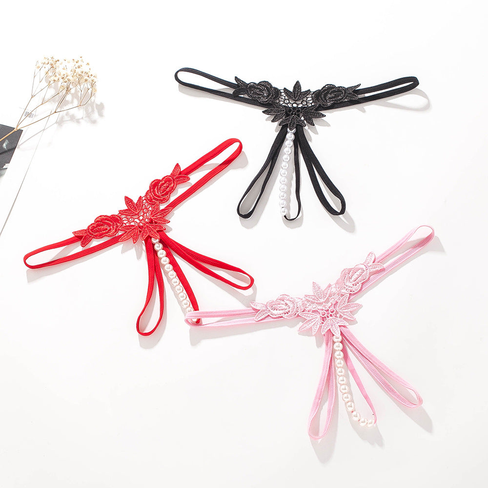 Pearl Play Embroidered Crotchless Thong