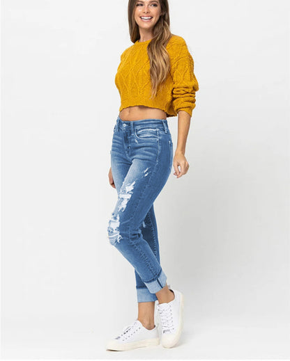 Judy Blue Dream Team Medium Wash Distressed Mid Rise Boyfriend Jeans - Seldom Seen Styles