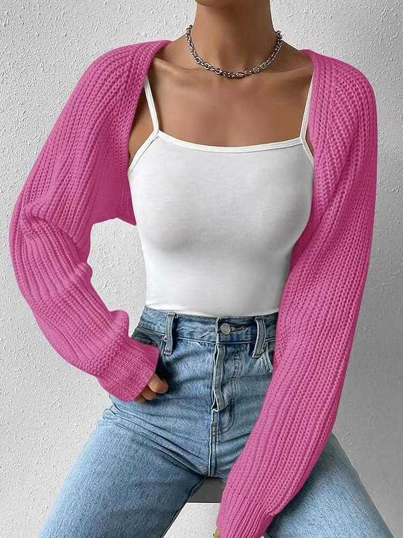 Women's Solid Raglan Sleeve Crop Cardigan Without Camisole, Casual Long Sleeve Knitwear for Spring & Fall, Women's Clothing for Daily Wear