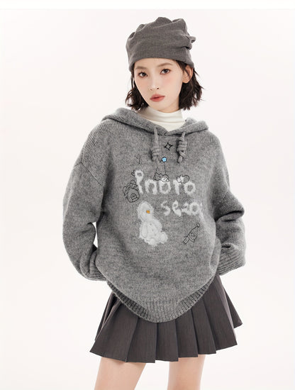 Cozy Gray Hooded Knit Sweater For Women - Cute Cartoon Design, Thick & Warm Pullover For Fall/Winter