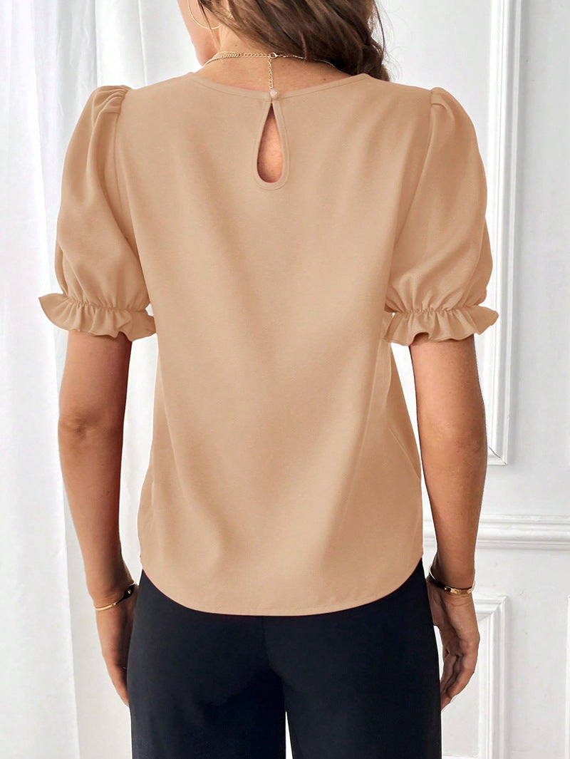 2024 summer new style fashionable temperament pure color round collar shirt top