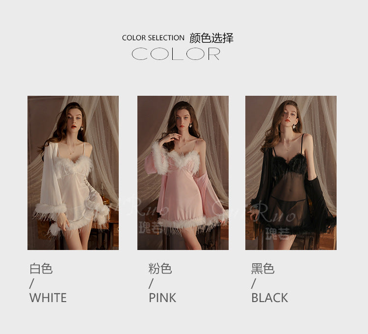 Womens Sexy 3 Piece Fuzzy Lingerie Set Transparent Tulle Nightshirt With Robe and G-String - Seldom Seen Styles