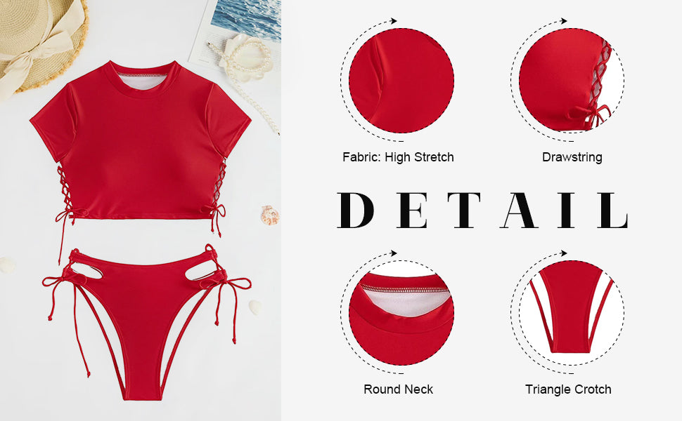 Drawstring Bikini Set Srting Swimsuit Short Sleeve Top and Tie Side Bottom 2 Piece - Seldom Seen Styles