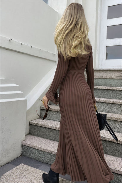 Long Sleeve Round Neck Tight Knitted Autumn New Style Sweater Sunken Stripe Solid Color Base  Style Dress