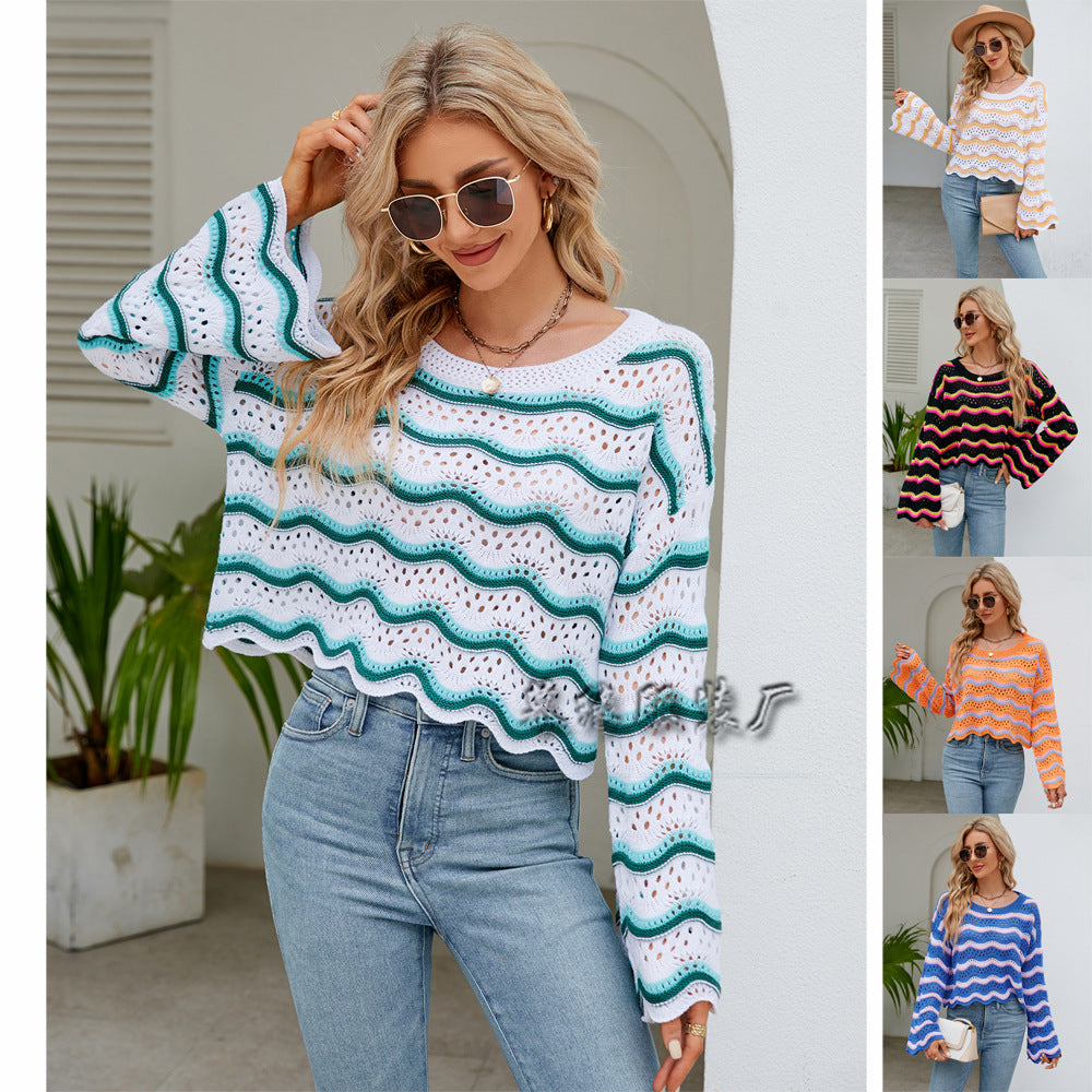 Spring and Autumn Women's Clothing Amazon Cross-Border Foreign Trade Fashion Long Sleeve Blouse round Neck European and American New Knitted Striped Sweater for Women