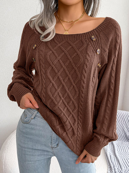 Women's Solid Textured Fake Buttons Raglan Sleeve Crewneck Sweater Tops for Spring, Casual Chic Style Round Neck Long Sleeves Knitting Jumper, Fall Clothes, Downtown Girl Knitwear Clothes