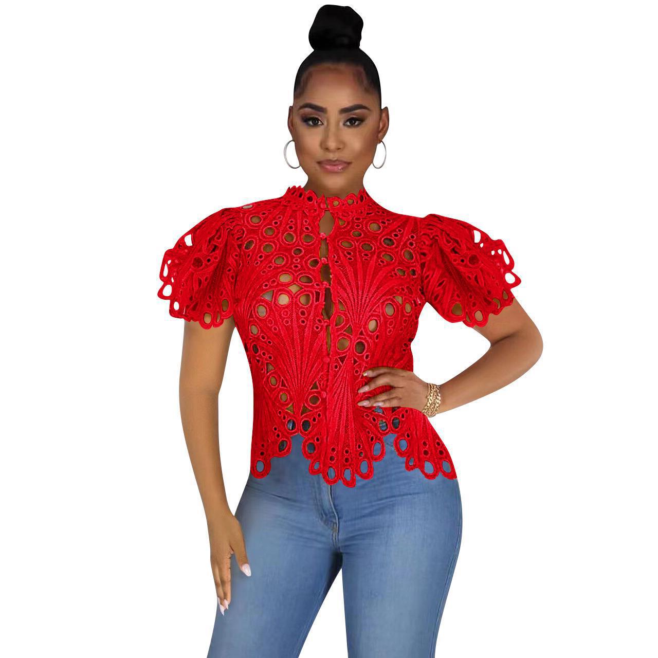 Women’s Sexy Ruffle Long Sleeve Summer Lace Tops 2024 Puff Flare Shirt V Neck Hollow Out Button Down Tunic Blouses