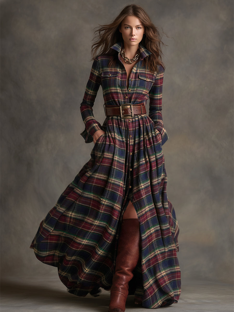 Retro Ethnic Style Lapel Reddish Brown Plaid Maxi Dress - Seldom Seen Styles