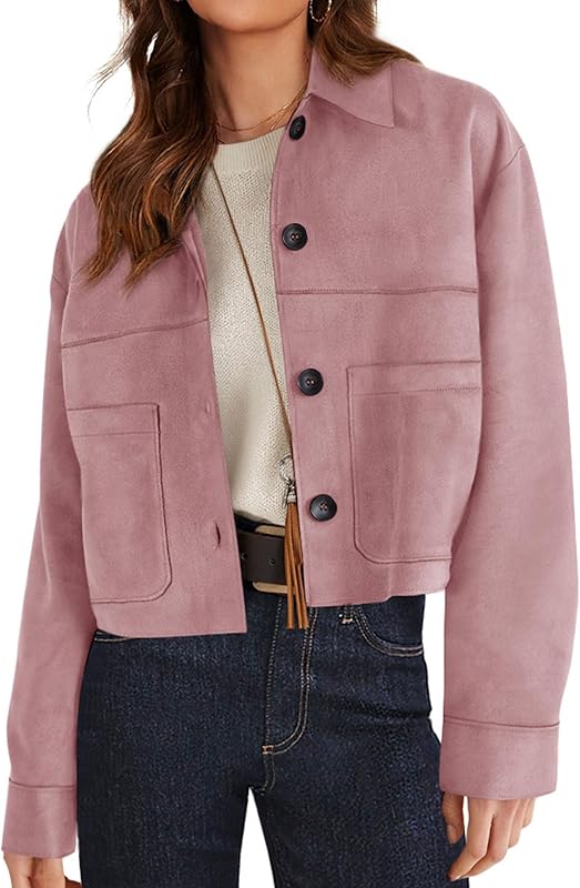 Women's Faux Suede Cropped Jacket Casual Lightweight Fall Fashion 2025 Winter Coats Outerwear Trendy Clothes - Seldom Seen Styles