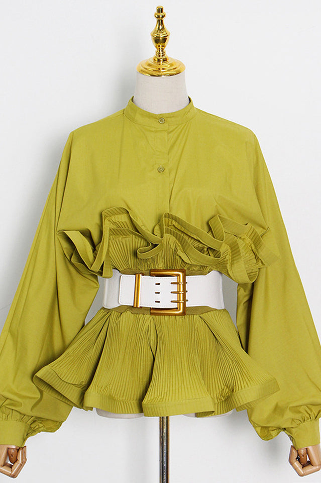 Women's Ruffle Peplum Blouse Belted Puff Sleeve Statement Top - Seldom Seen Styles