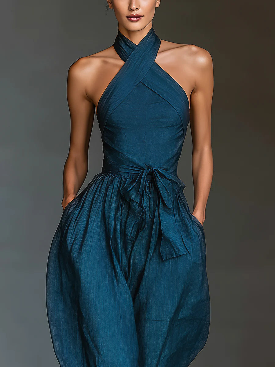 Women's Halter Neck Jumpsuit Wide Leg One Piece Elegant High Waist Casual Outfit - Seldom Seen Styles