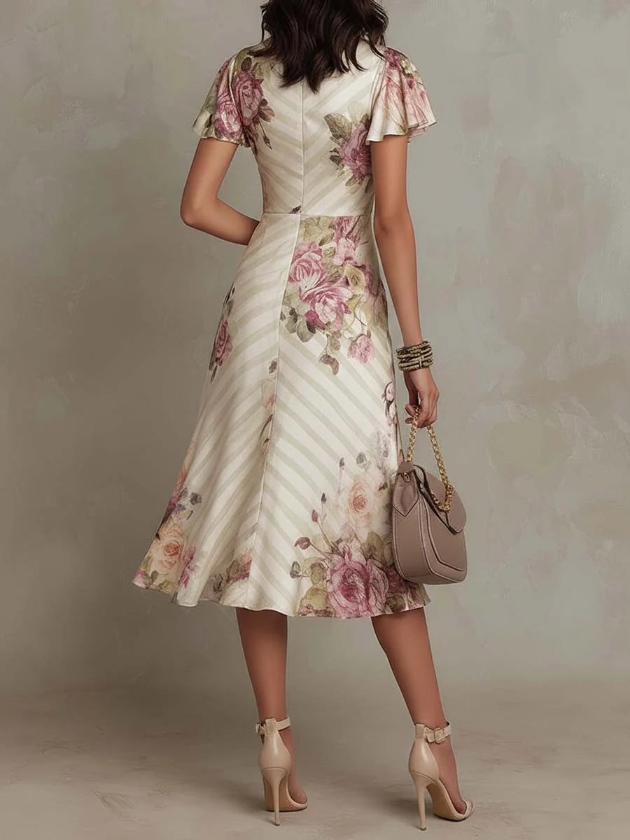 Women's Floral Wrap Midi Dress Ruffle Sleeve Vintage Chiffon Summer Wedding Guest Vacation Dress