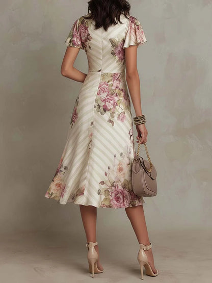 Women's Floral Wrap Midi Dress Ruffle Sleeve Vintage Chiffon Summer Wedding Guest Vacation Dress