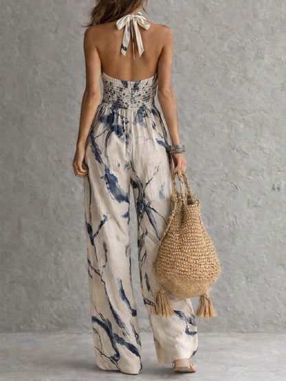 Women's Halter Neck Ink Wash Print Wide Leg Jumpsuit High Waist Side Pockets Artistic Summer Casual Vacation Outfit