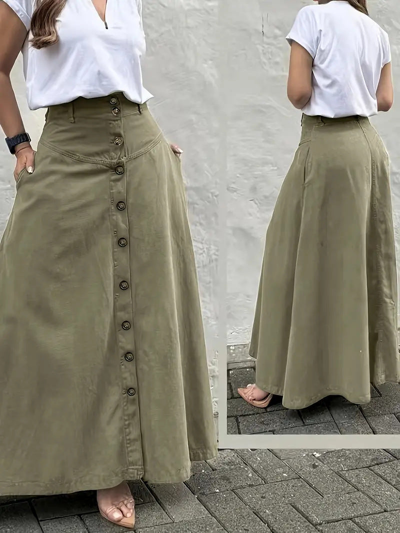 Women's A-Line Cotton Skirt Elastic Waist Casual Midi Skirt Patch Pocket Summer Everyday Outfit - Seldom Seen Styles