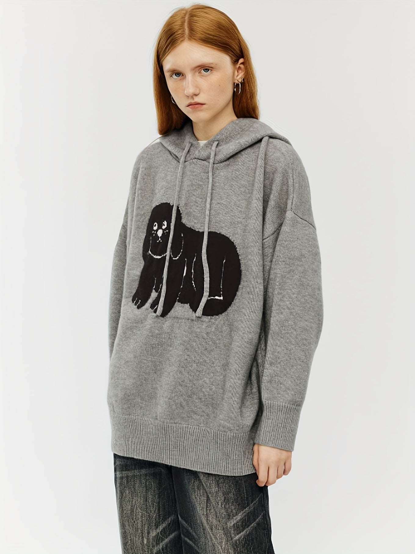 Cartoon Dog Pattern Drawstring Hooded Sweater, Casual Long Sleeve Loose Pullover Sweater, Women's Clothing