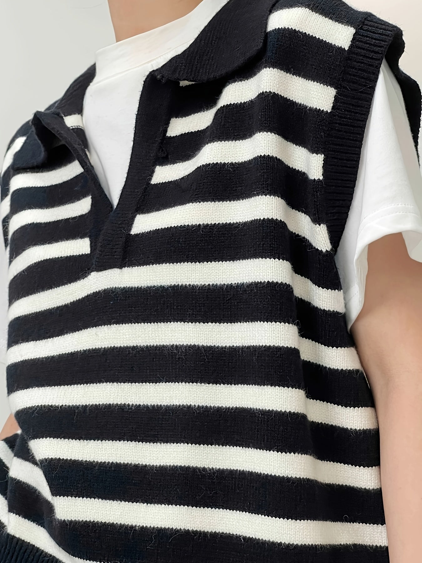 Women's Casual Striped Knit Vest with Lapel Collar - 100% Polyester Sleeveless Sweater for All Seasons