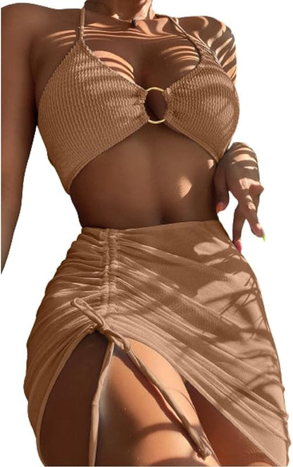 Women's 3 Piece Bathing Suits Halter Ring Bikini Set with Cover Up Skirts - Seldom Seen Styles